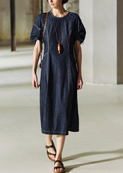 Italian Navy O Neck Drawstring Lace Up Patchwork Denim Dress Summer