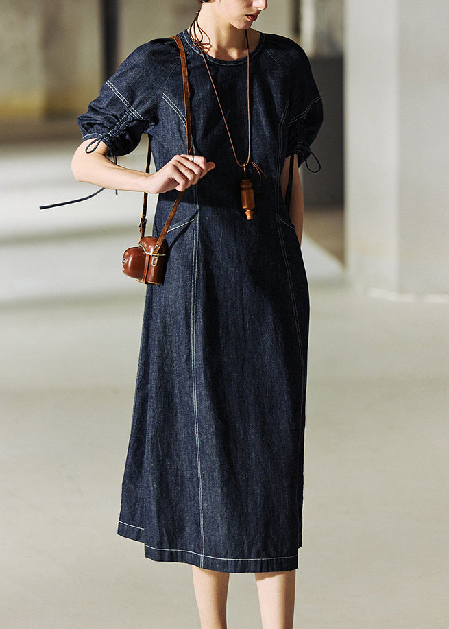 Italian Navy O Neck Drawstring Lace Up Patchwork Denim Dress Summer