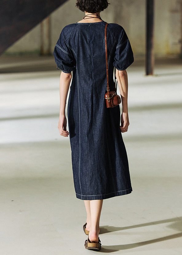 Italian Navy O Neck Drawstring Lace Up Patchwork Denim Dress Summer
