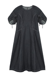 Italian Navy O Neck Drawstring Lace Up Patchwork Denim Dress Summer