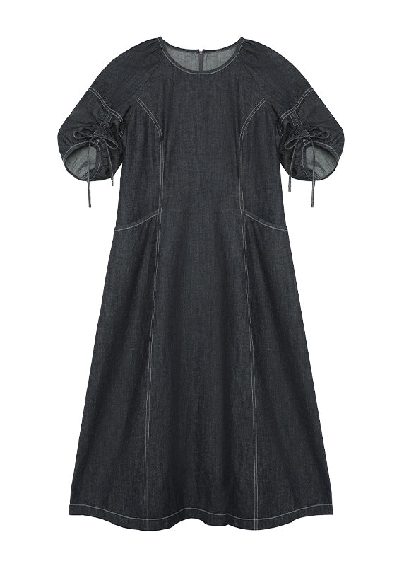 Italian Navy O Neck Drawstring Lace Up Patchwork Denim Dress Summer