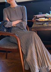 Italian Navy O-Neck Print High Waist Cotton Long Dresses Fall