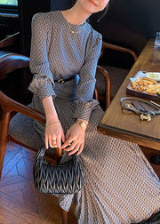 Italian Navy O-Neck Print High Waist Cotton Long Dresses Fall