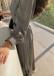 Italian Navy O-Neck Print High Waist Cotton Long Dresses Fall