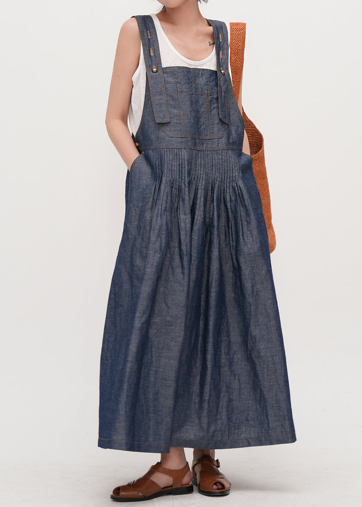 Italian Navy Oversized Wrinkled Denim Cami Dresses Summer