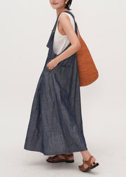 Italian Navy Oversized Wrinkled Denim Cami Dresses Summer