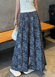 Italian Navy Print Draping Cotton Wide Leg Pants Fall