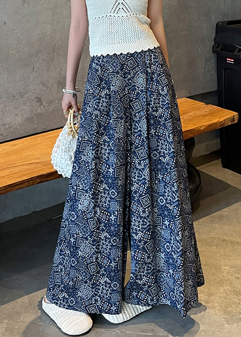 Italian Navy Print Draping Cotton Wide Leg Pants Fall