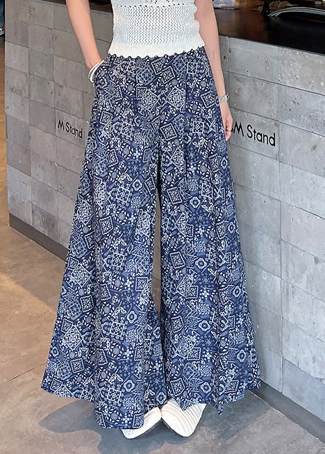 Italian Navy Print Draping Cotton Wide Leg Pants Fall