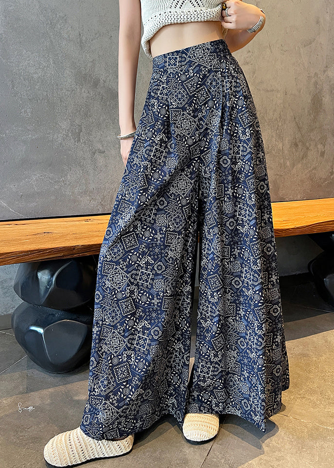 Italian Navy Print Draping Cotton Wide Leg Pants Fall