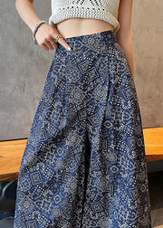 Italian Navy Print Draping Cotton Wide Leg Pants Fall