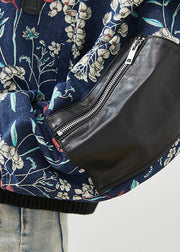Italian Navy Print Faux Leather Patchwork Cotton Filled Denim Jacket Fall