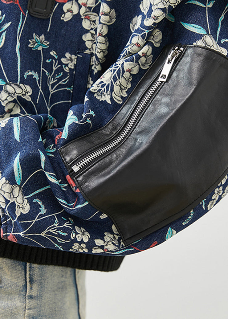 Italian Navy Print Faux Leather Patchwork Cotton Filled Denim Jacket Fall
