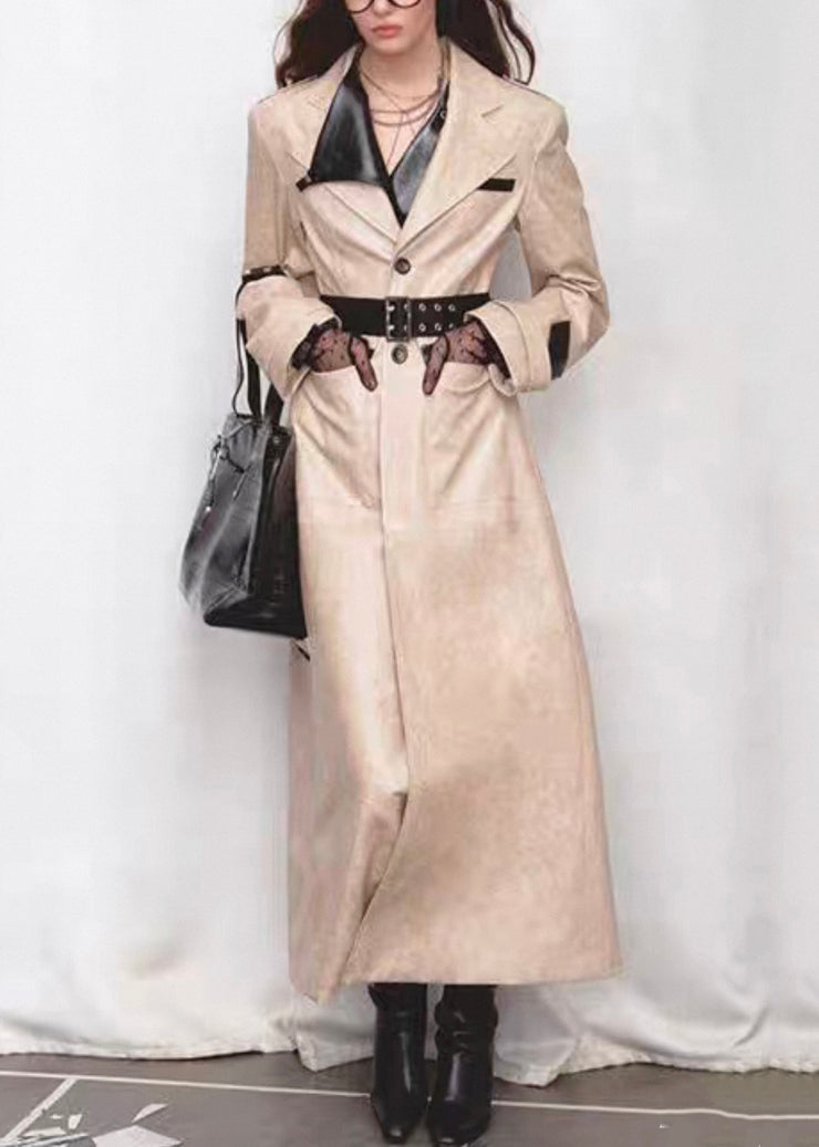 Italian Notched Button Pockets Patchwork Faux Leather Long Coats Fall