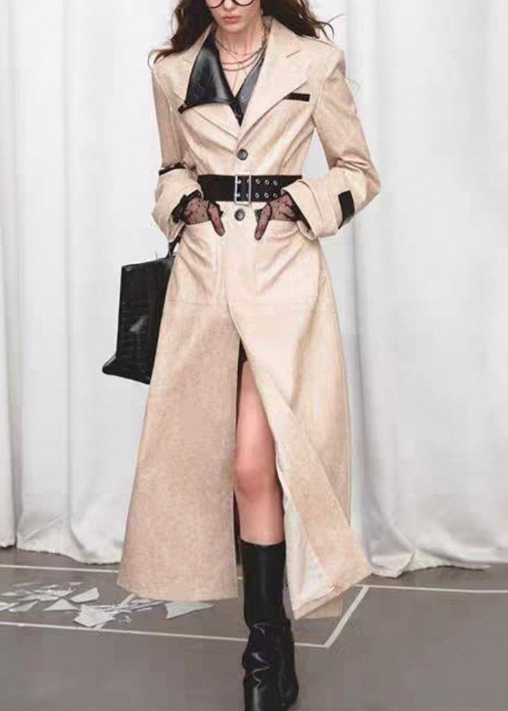 Italian Notched Button Pockets Patchwork Faux Leather Long Coats Fall