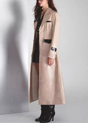 Italian Notched Button Pockets Patchwork Faux Leather Long Coats Fall