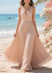 Italian Nude Exra Large Hem Patchwork Lace Chiffon Cami Dresses Summer