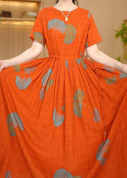 Italian Orange Cinched Print Cotton Maxi Dresses Summer