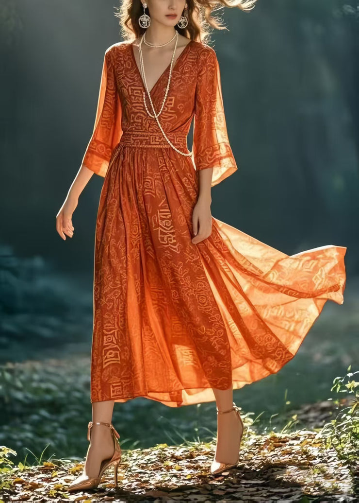 Italian Orange Print Chiffon Holiday Dresses Bracelet Sleeve
