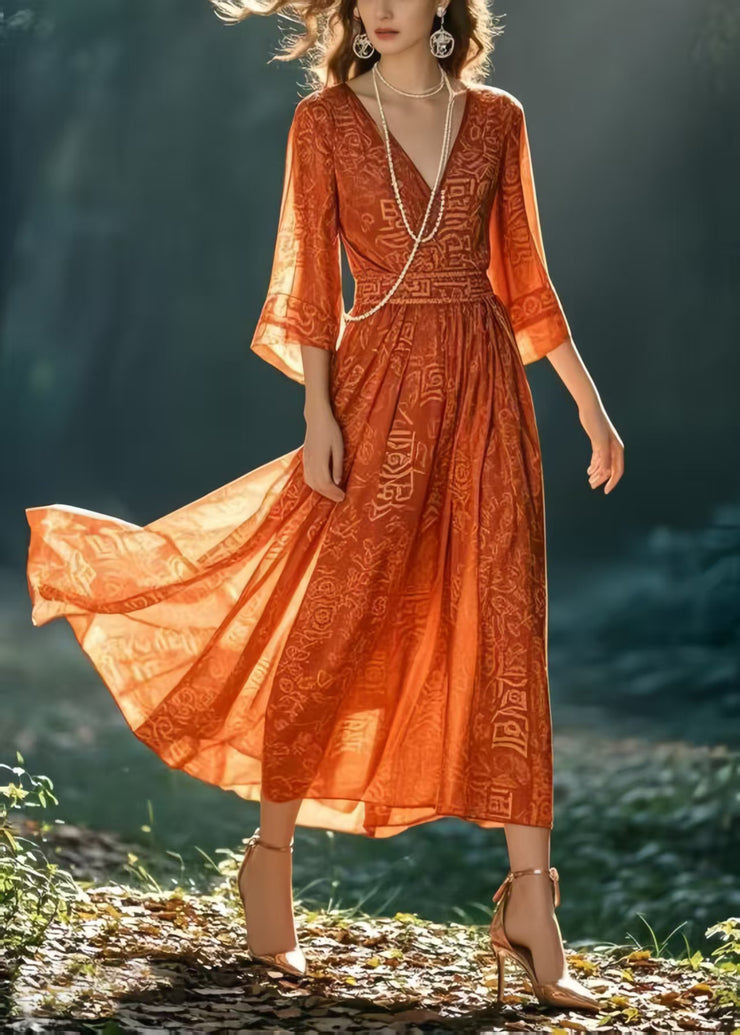 Italian Orange Print Chiffon Holiday Dresses Bracelet Sleeve