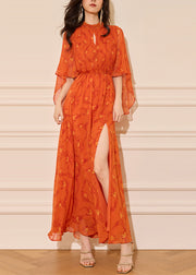 Italian Orange Print Front Open Chiffon Long Dresses Half Sleeve