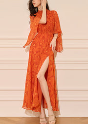 Italian Orange Print Front Open Chiffon Long Dresses Half Sleeve