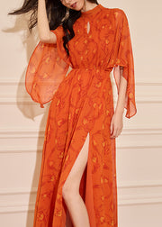 Italian Orange Print Front Open Chiffon Long Dresses Half Sleeve