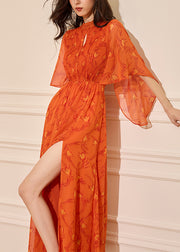 Italian Orange Print Front Open Chiffon Long Dresses Half Sleeve