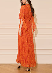 Italian Orange Print Front Open Chiffon Long Dresses Half Sleeve