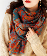 Italian Orange Print Tasseled Cashmere Scarf