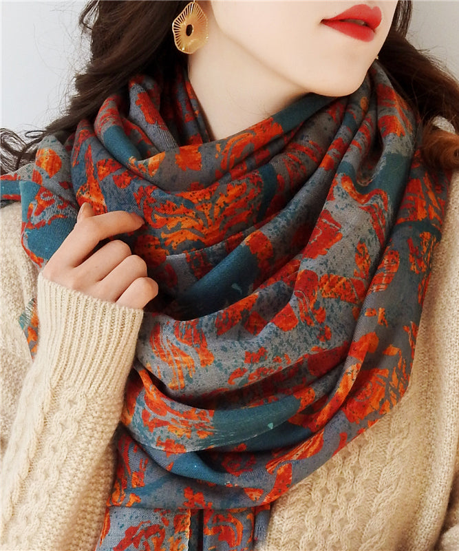 Italian Orange Print Tasseled Cashmere Scarf
