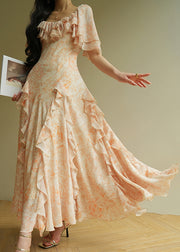 Italian Orange Ruffled Print Chiffon Maxi Dresses Summer