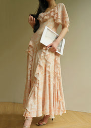 Italian Orange Ruffled Print Chiffon Maxi Dresses Summer