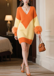 Italian Orange V Neck Patchwork Faux Fur Knitwear Dress Winter