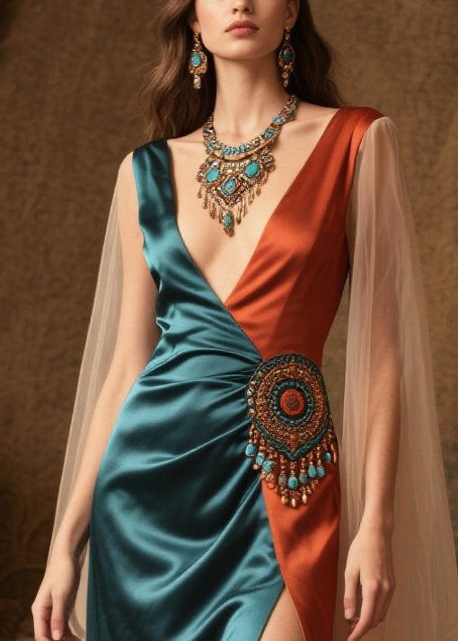 Italian Peacock Blue Asymmetrical Patchwork Side Open Silk Dress Summer