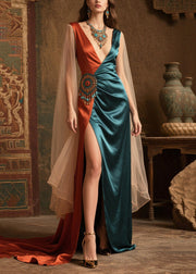 Italian Peacock Blue Asymmetrical Patchwork Side Open Silk Dress Summer