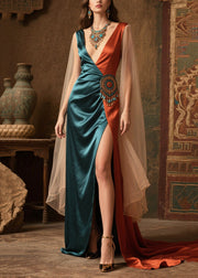 Italian Peacock Blue Asymmetrical Patchwork Side Open Silk Dress Summer