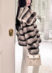 Italian Peter Pan Collar Striped Leather And Fur Coats Winter