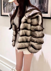 Italian Peter Pan Collar Striped Leather And Fur Coats Winter