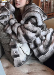 Italian Peter Pan Collar Striped Leather And Fur Coats Winter