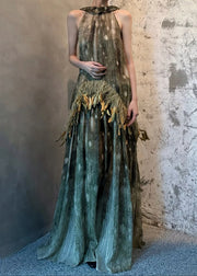 Italian Photo Color Lace Up Feather Patchwork Silk Long Dresses Sleeveless