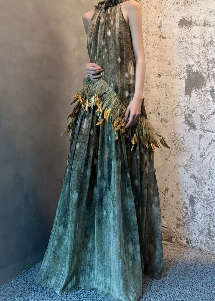 Italian Photo Color Lace Up Feather Patchwork Silk Long Dresses Sleeveless