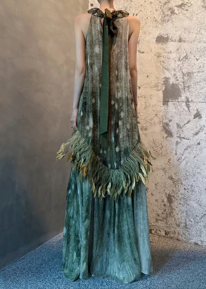 Italian Photo Color Lace Up Feather Patchwork Silk Long Dresses Sleeveless
