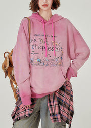 Italian Pink Hooded Print Warm Fleece Sweatshirts Top Winter