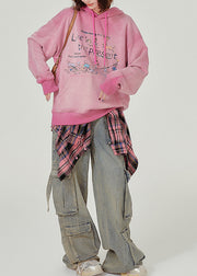 Italian Pink Hooded Print Warm Fleece Sweatshirts Top Winter