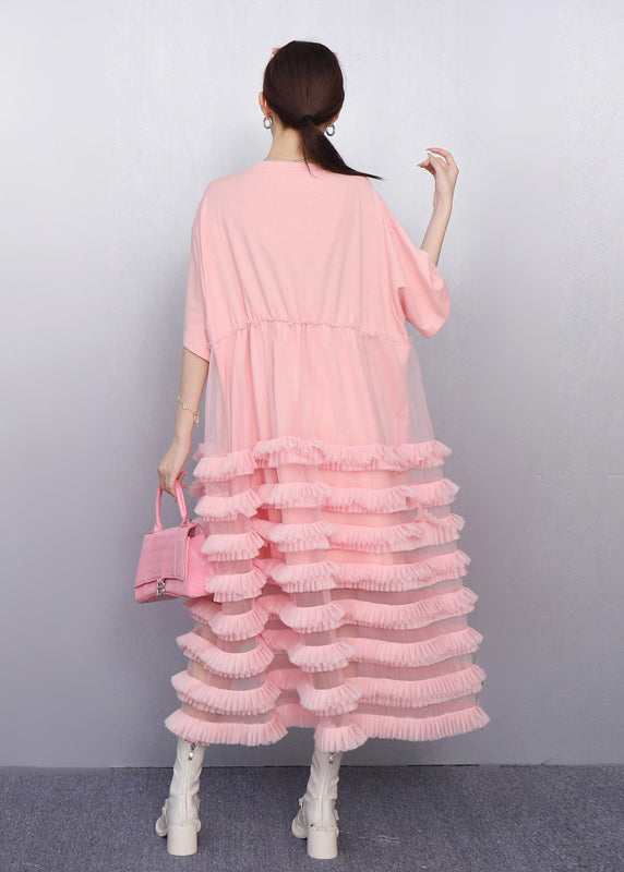 Italian Pink Layered Ruffled Patchwork Tulle Cake Dress Summer