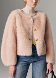 Italian Pink O Neck Button Leather And Fur Coat Winter