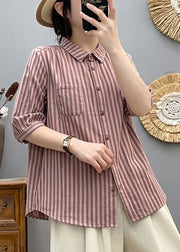 Italian Pink Oversized Striped Cotton Blouse Top Half Sleeve