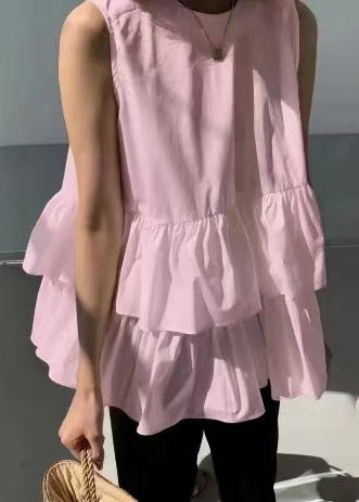 Italian Pink Ruffled Cotton Beach Vest Sleeveless