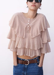 Italian Pink Ruffled Knit Short Tops Spring
